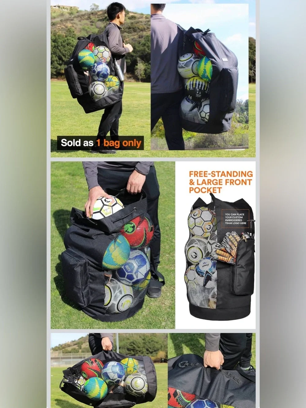 Black Sports Sling Backpack with Mesh Ball Storage